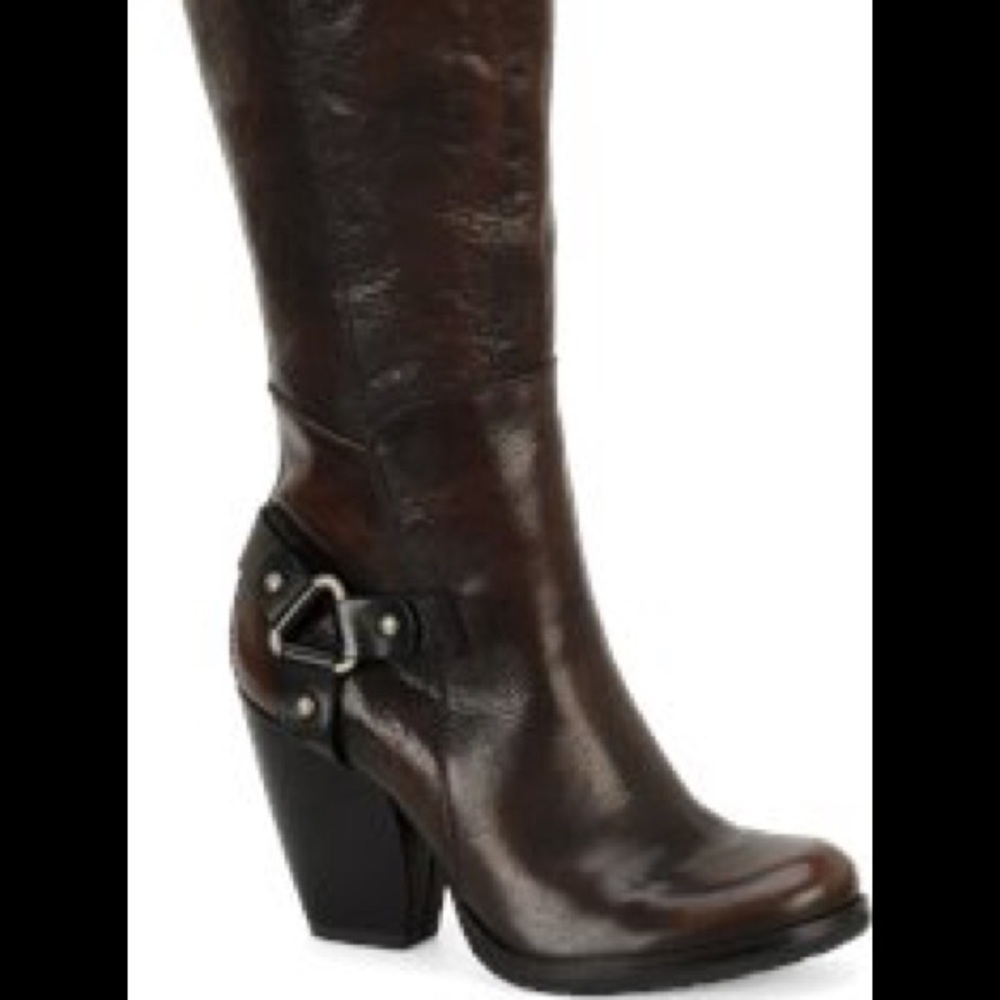 Kork-Ease Olson Brown Pebble Leather Tall Harness Knee Boots 7 3” Heel Boho Choc